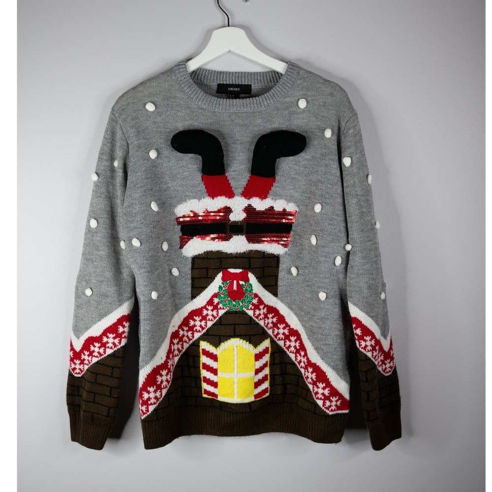 Forever 21 Ugly Christmas Sweater women Medium Gray Santa Chimney Sequin Poms